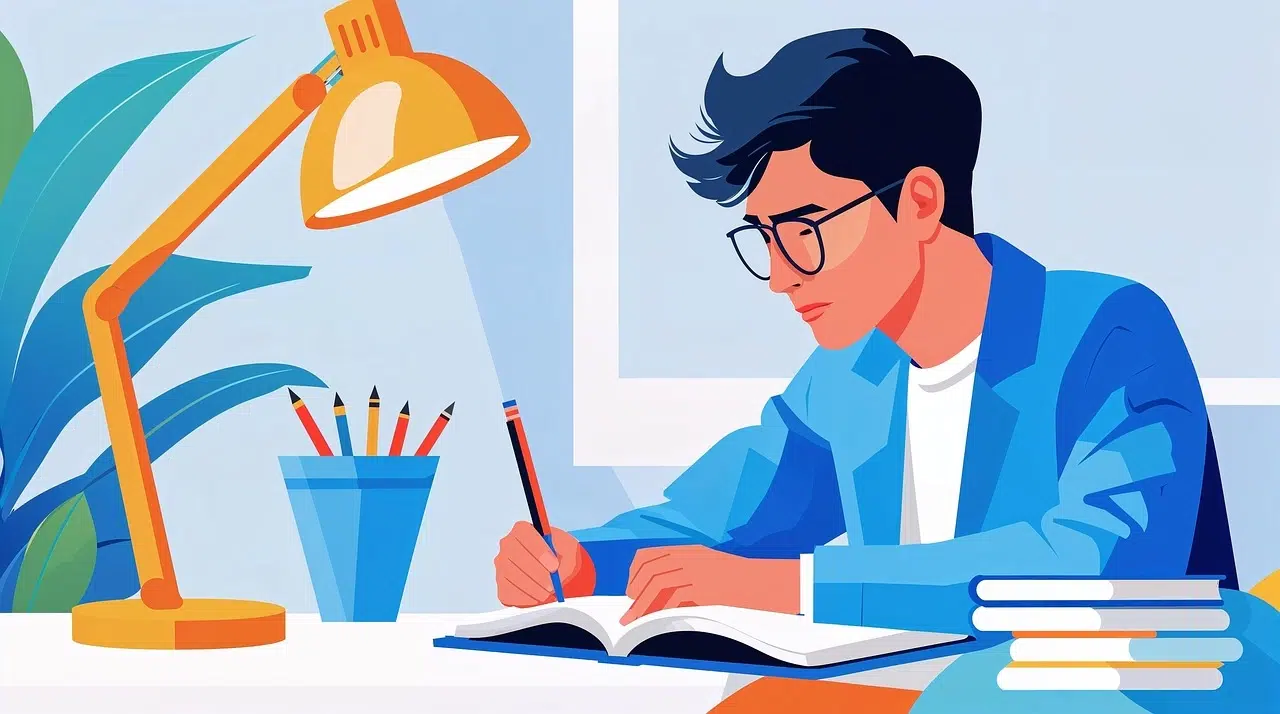 Study Skills for 2025: clean desk with notebook, calendar, and flashcards