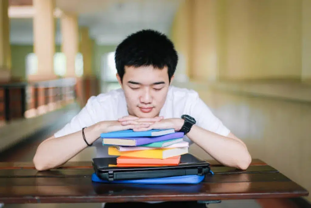 Student using a spaced repetition schedule with a weekly study plan and flashcards on a desk.