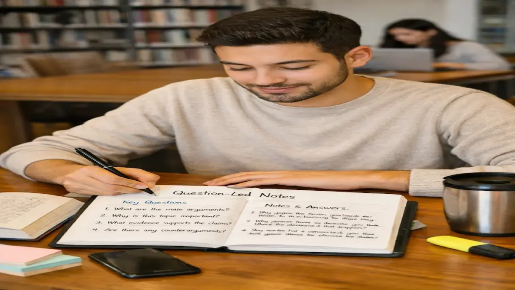 University student using question-led notes to prepare for a seminar discussion