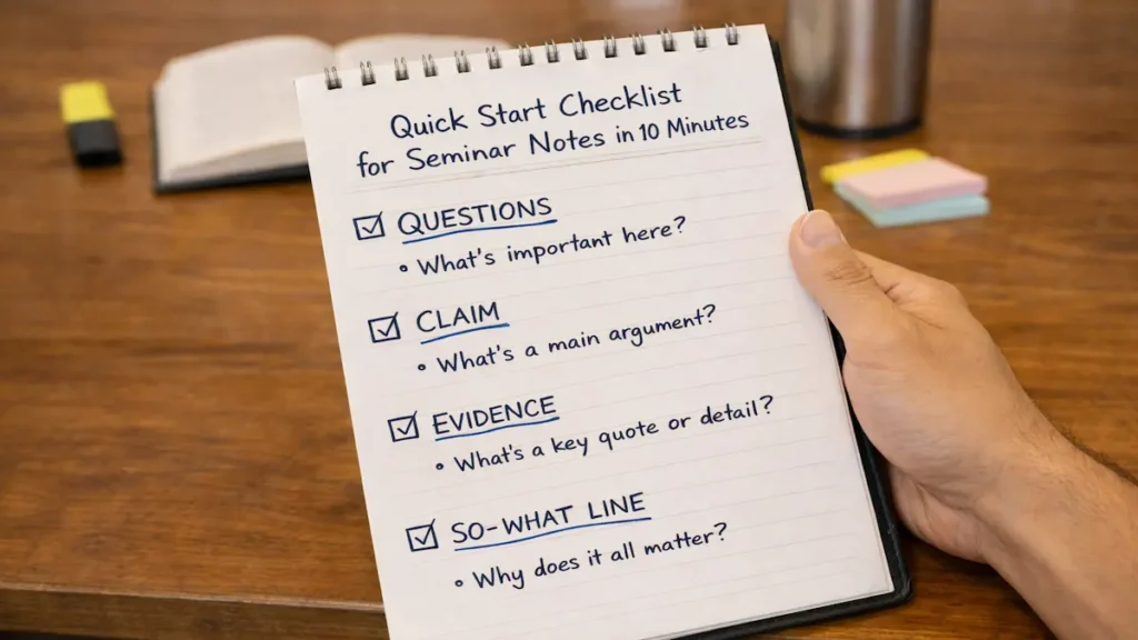 Quick start checklist for seminar notes in 10 minutes: questions, claim, evidence, and so-what line