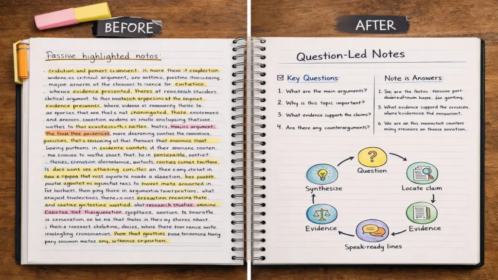 Before and after example: passive highlighted notes vs question-led Q-LENS seminar notes