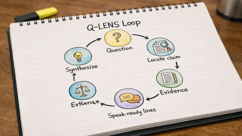 Q-LENS loop diagram showing six steps: Question, Locate claim, Evidence, Nuance, Synthesize, Speak-ready lines