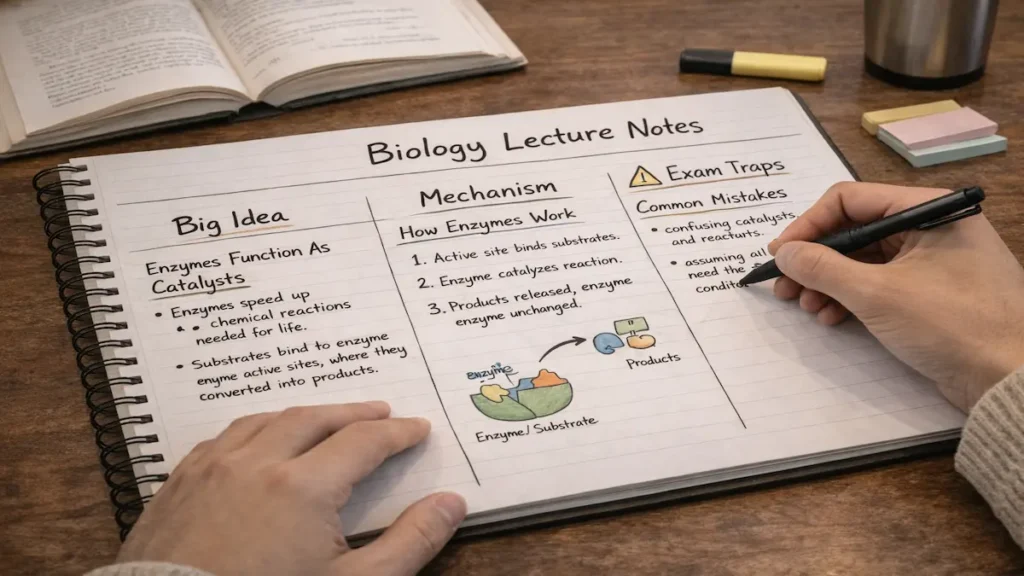 College student taking biology lecture notes using a simple three-zone system (Big Idea, Mechanism, Exam Traps)