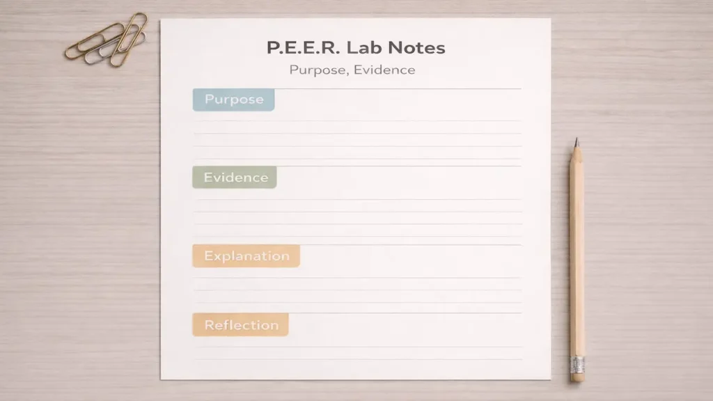 P.E.E.R. biology lab notes template: Purpose, Evidence, Explanation, Reflection