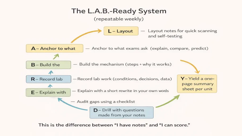 L.A.B.-Ready biology note-taking system diagram for lectures, labs, and exam review
