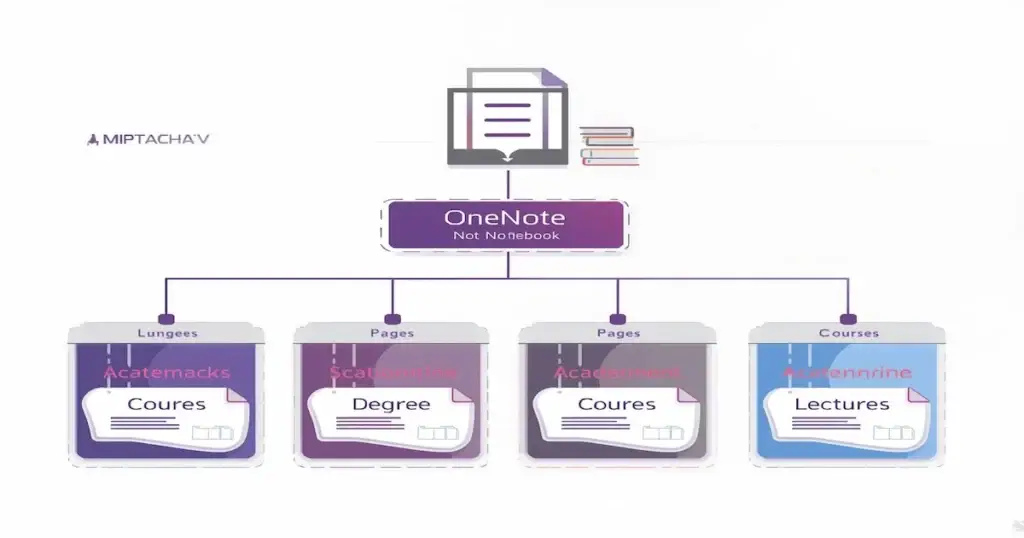 OneNote-style university notebook on Windows with sections for different courses and pages for weekly lectures.
