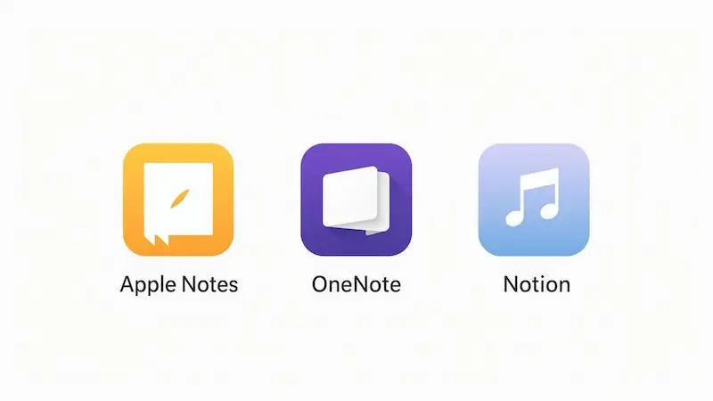 Comparison of Apple Notes, Microsoft OneNote, and Notion for students using iPhone