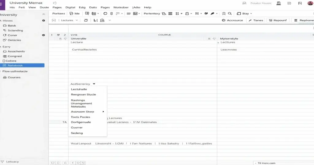 Screenshot of a OneNote-style layout showing notebooks for university years, sections for courses, and pages for weekly lectures.