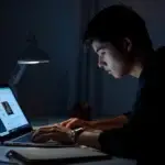 University student taking digital notes on a Windows laptop at a desk with books and stationery.
