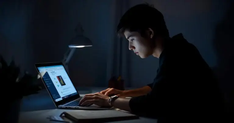 University student taking digital notes on a Windows laptop at a desk with books and stationery.