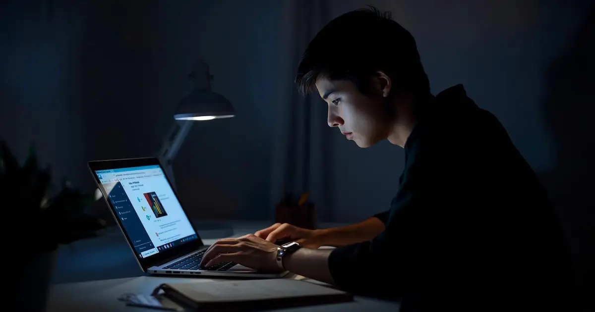 University student taking digital notes on a Windows laptop at a desk with books and stationery.