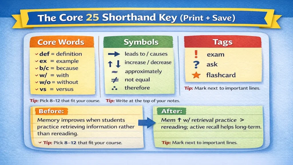 College note taking abbreviations list with before-and-after example