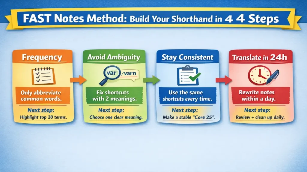 How to build a shorthand system: frequency, clarity, consistency, review in 24 hours