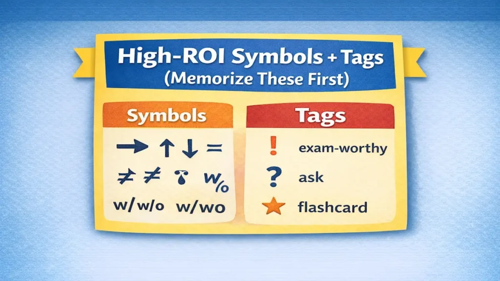 Lecture note-taking symbols and tags: exam-worthy, ask, flashcard