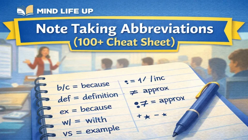 Note taking abbreviations cheat sheet for college lectures (100+ shortcuts)