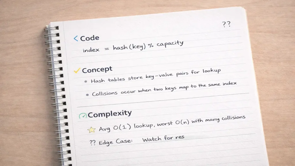 How to take notes in computer science: C3 notes example for hash tables, collisions, and complexity