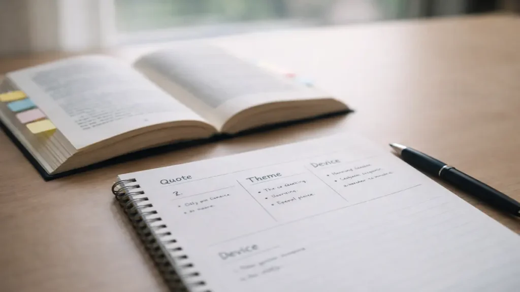 How to take notes for English literature: novel reading setup with quote, theme, and device notes