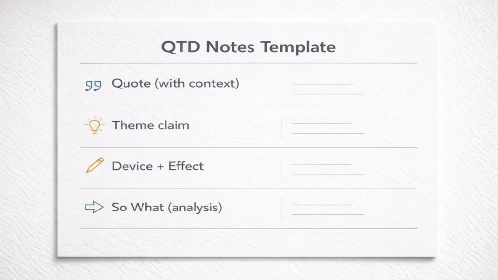 How to take notes for English literature: QTD notes template for quote, theme claim, device, and so what
