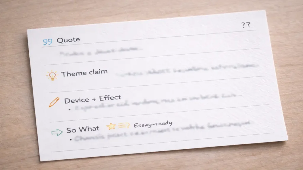 How to take notes for English literature: complete QTD note example with quote, theme, device, and analysis