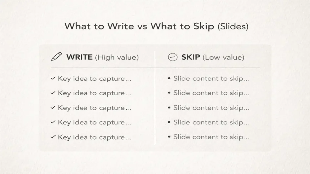 What to write vs skip when taking notes from PPT slides (notes from slides checklist)