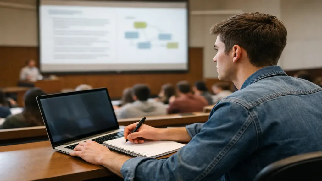 Note taking during lectures: college student capturing selective notes during a fast lecture