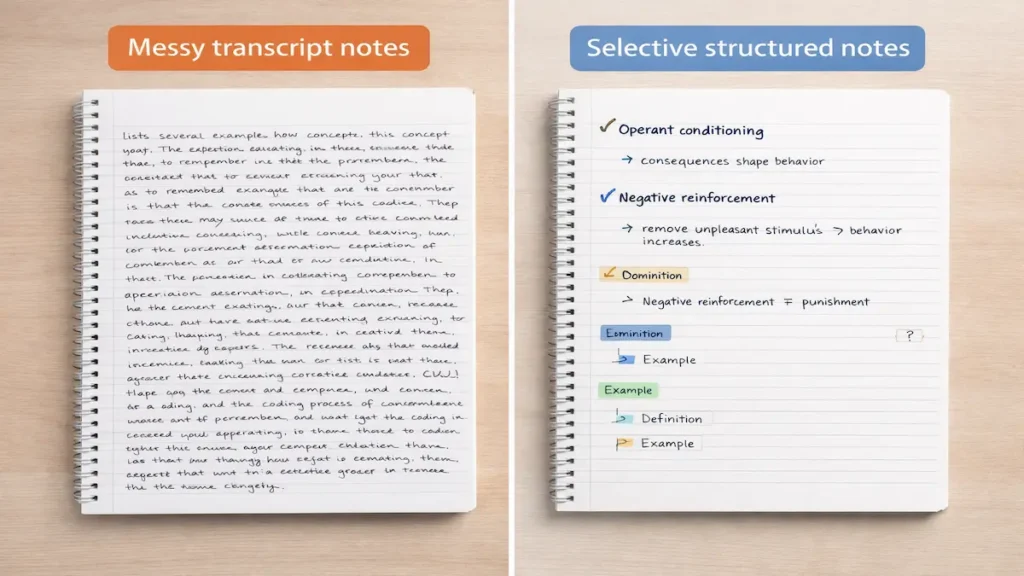 Note taking during lectures: before and after example showing messy transcript notes vs selective structured notes