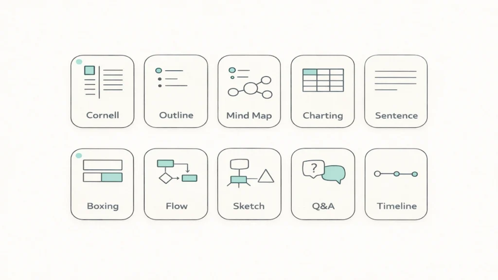 “Quick picker infographic showing 10 note-taking methods as simple icons”