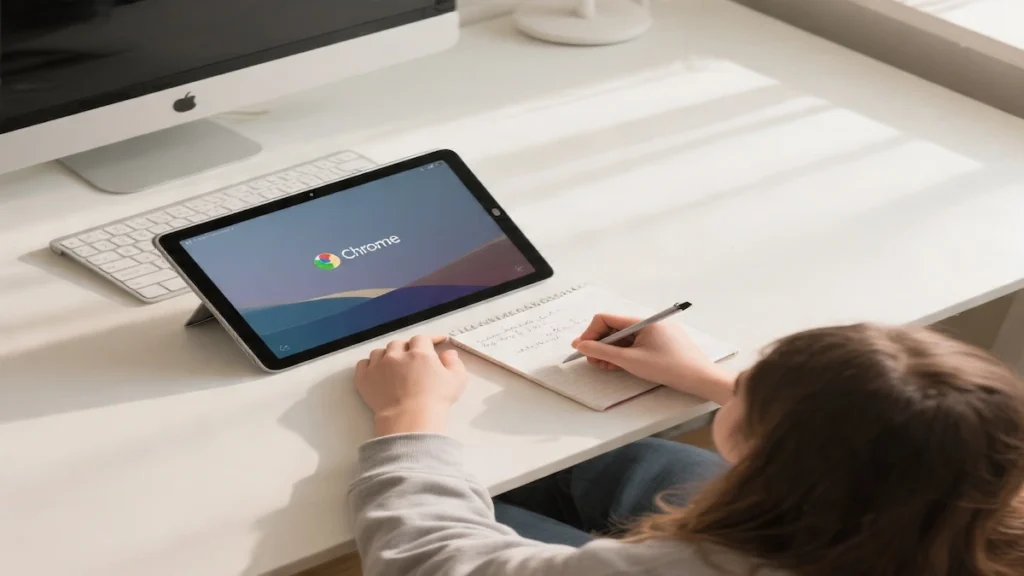 Student taking notes on a 2-in-1 Chromebook in tablet mode