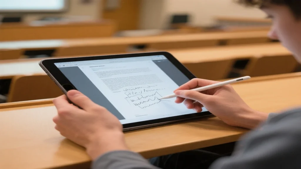 Student taking handwritten notes on iPad with stylus in a lecture setting