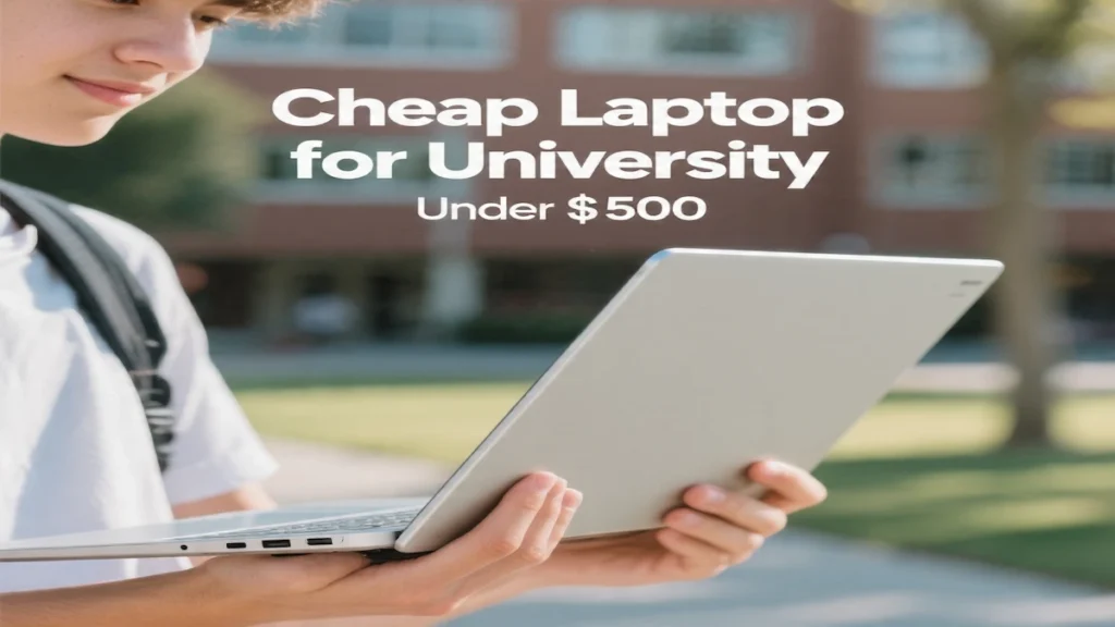 Student holding a budget laptop on campus (thumbnail)