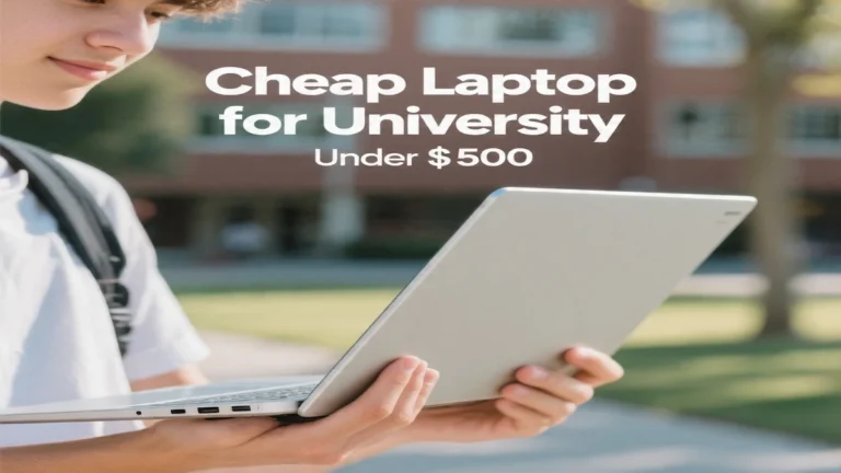 Student holding a budget laptop on campus (thumbnail)