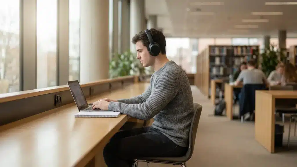 Student studying in a library wearing budget noise-cancelling headphones