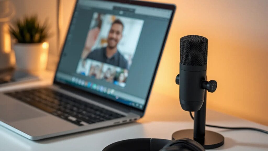 Best USB microphone for Zoom on a study desk next to a laptop for online classes.
