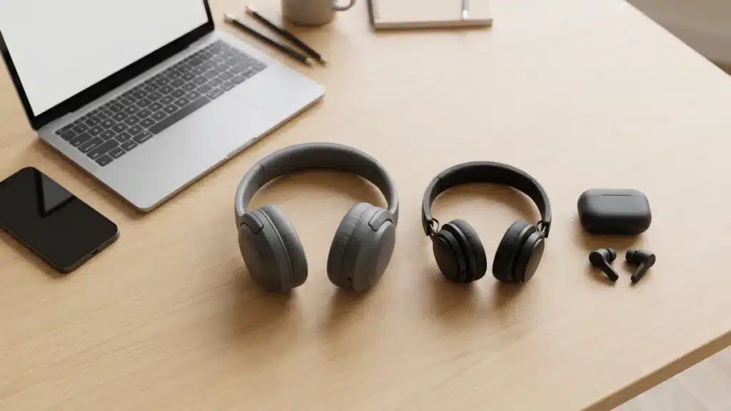 Over-ear headphones, on-ear headphones, and earbuds on a desk for student comparison