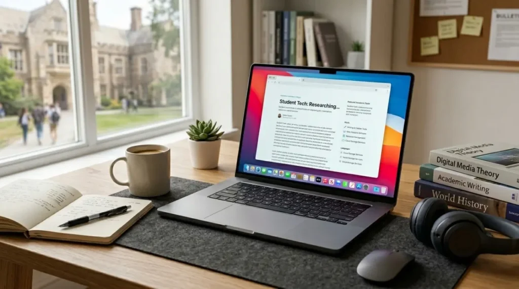 Best MacBook for students buying guide hero image with a premium laptop on a university study desk