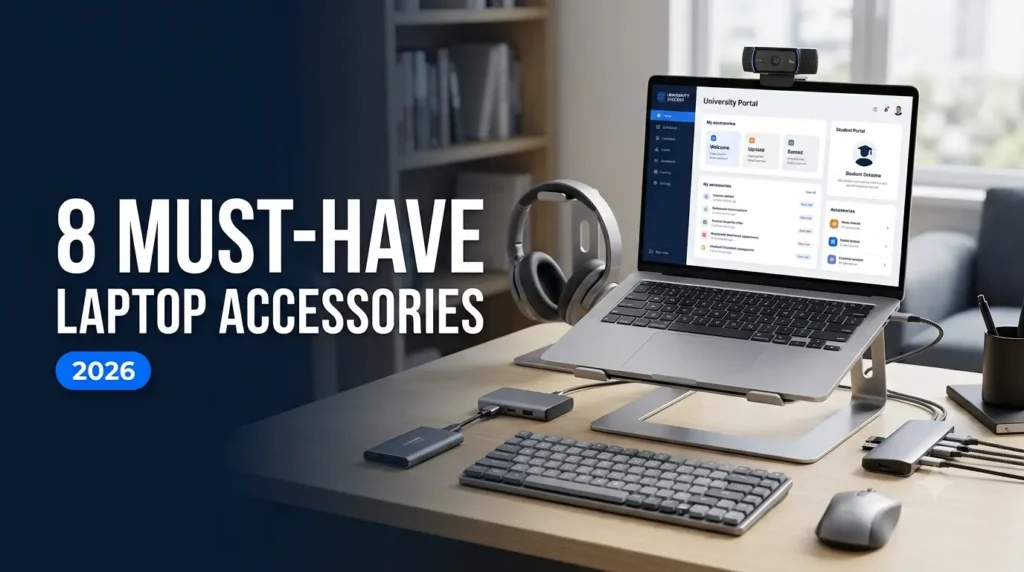 Modern student study desk featuring 8 must-have laptop accessories including an ergonomic laptop stand, compact wireless keyboard, mouse, USB-C hub, and headphones.