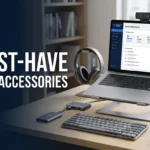 Modern student study desk featuring 8 must-have laptop accessories including an ergonomic laptop stand, compact wireless keyboard, mouse, USB-C hub, and headphones.