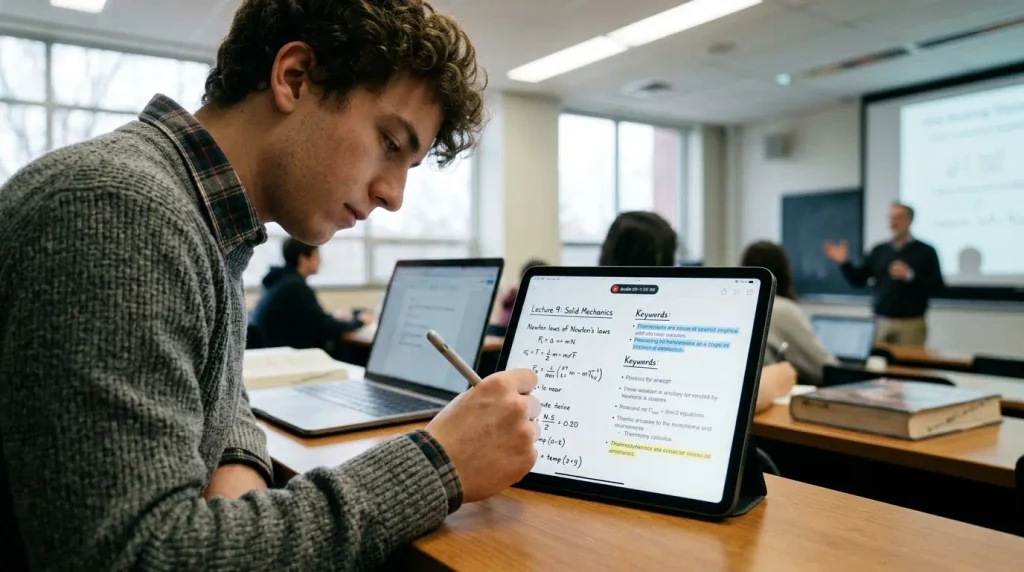College student taking lecture notes on an iPad with Apple Pencil